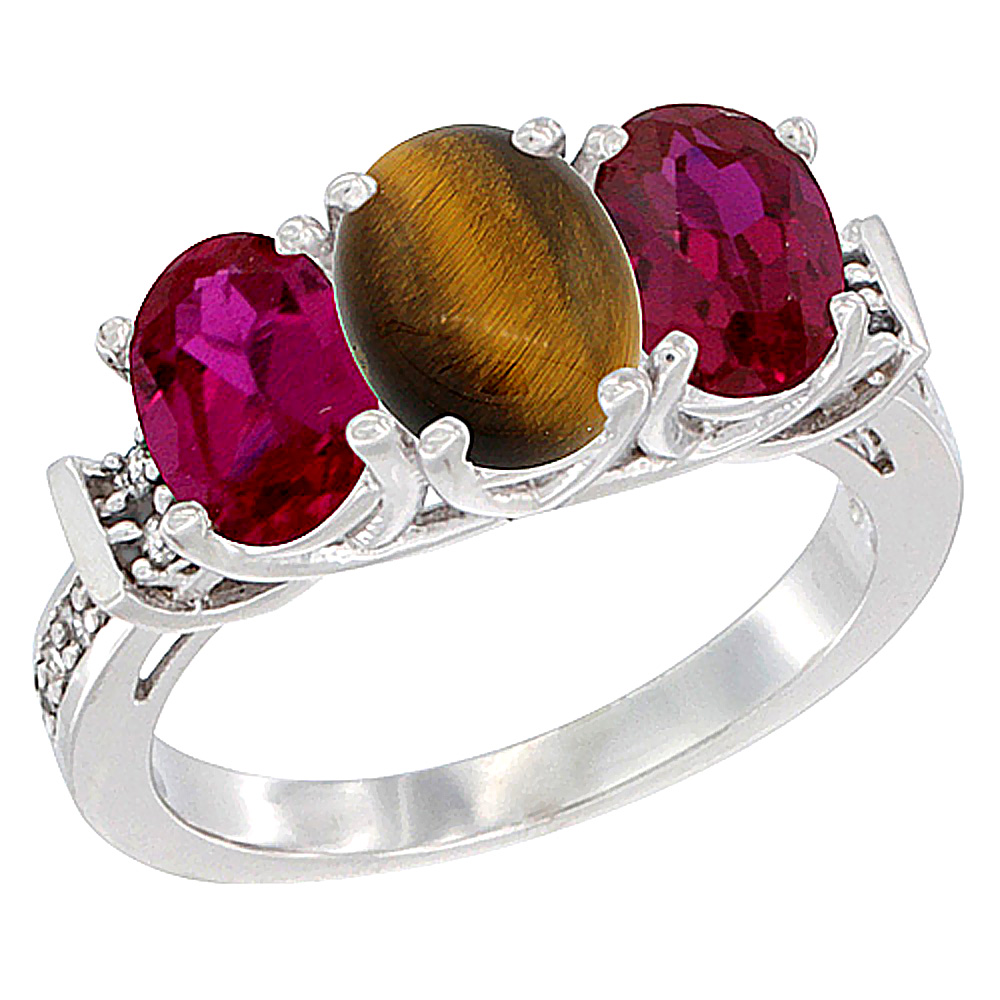 14K White Gold Natural Tiger Eye &amp; Enhanced Ruby Sides Ring 3-Stone Oval Diamond Accent, sizes 5 - 10
