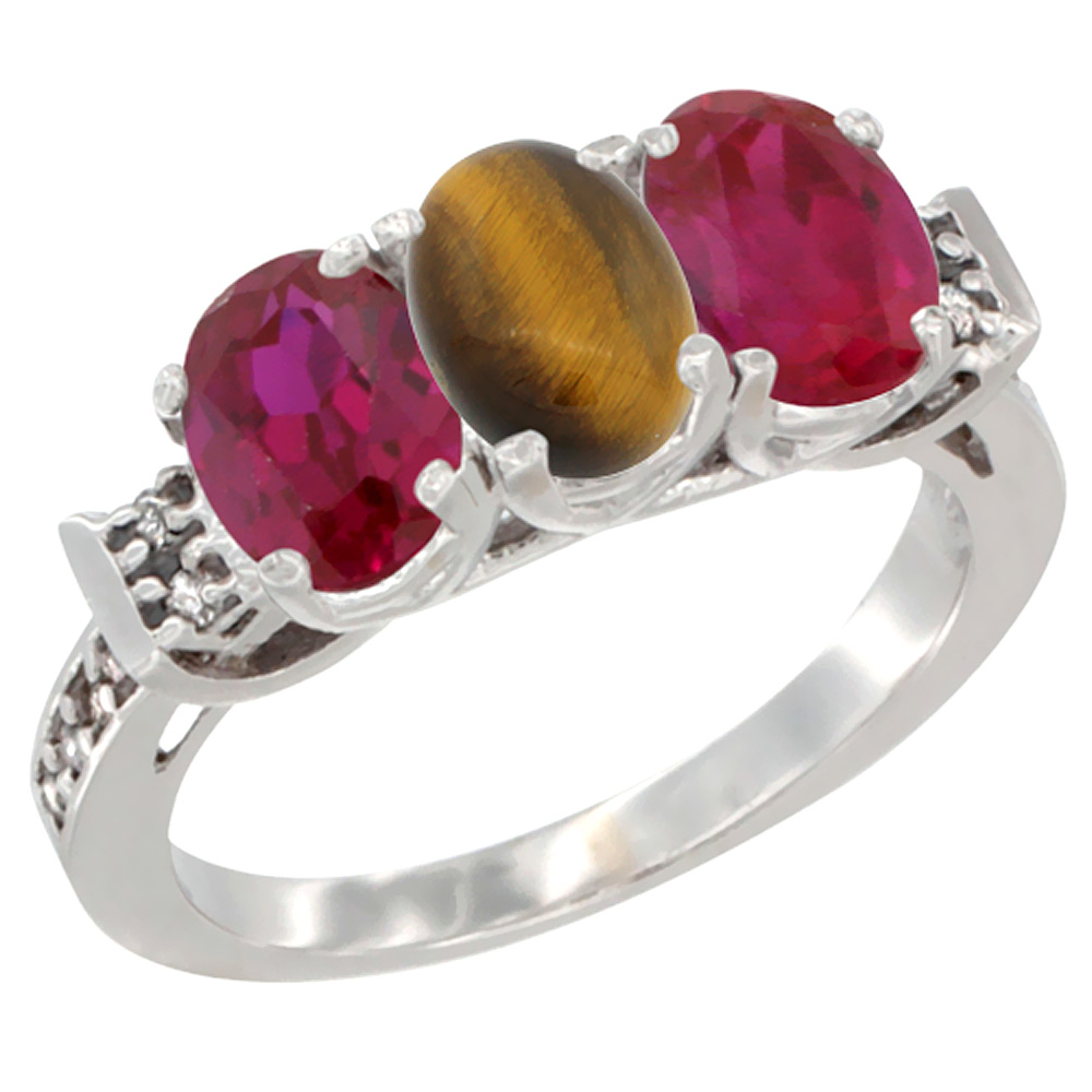 14K White Gold Natural Tiger Eye &amp; Enhanced Ruby Sides Ring 3-Stone Oval 7x5 mm Diamond Accent, sizes 5 - 10