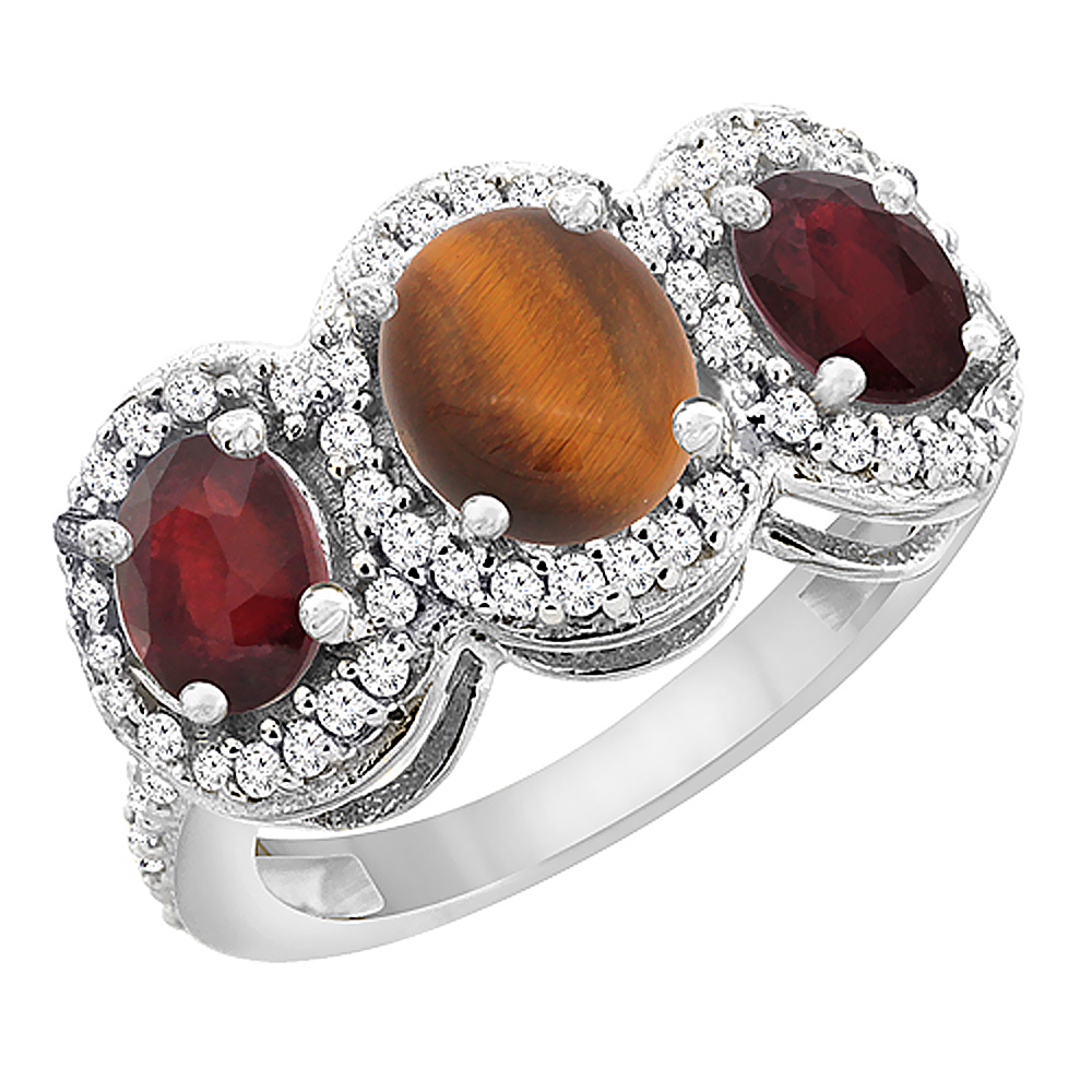 10K White Gold Natural Tiger Eye & Enhanced Ruby 3-Stone Ring Oval Diamond Accent, sizes 5 - 10