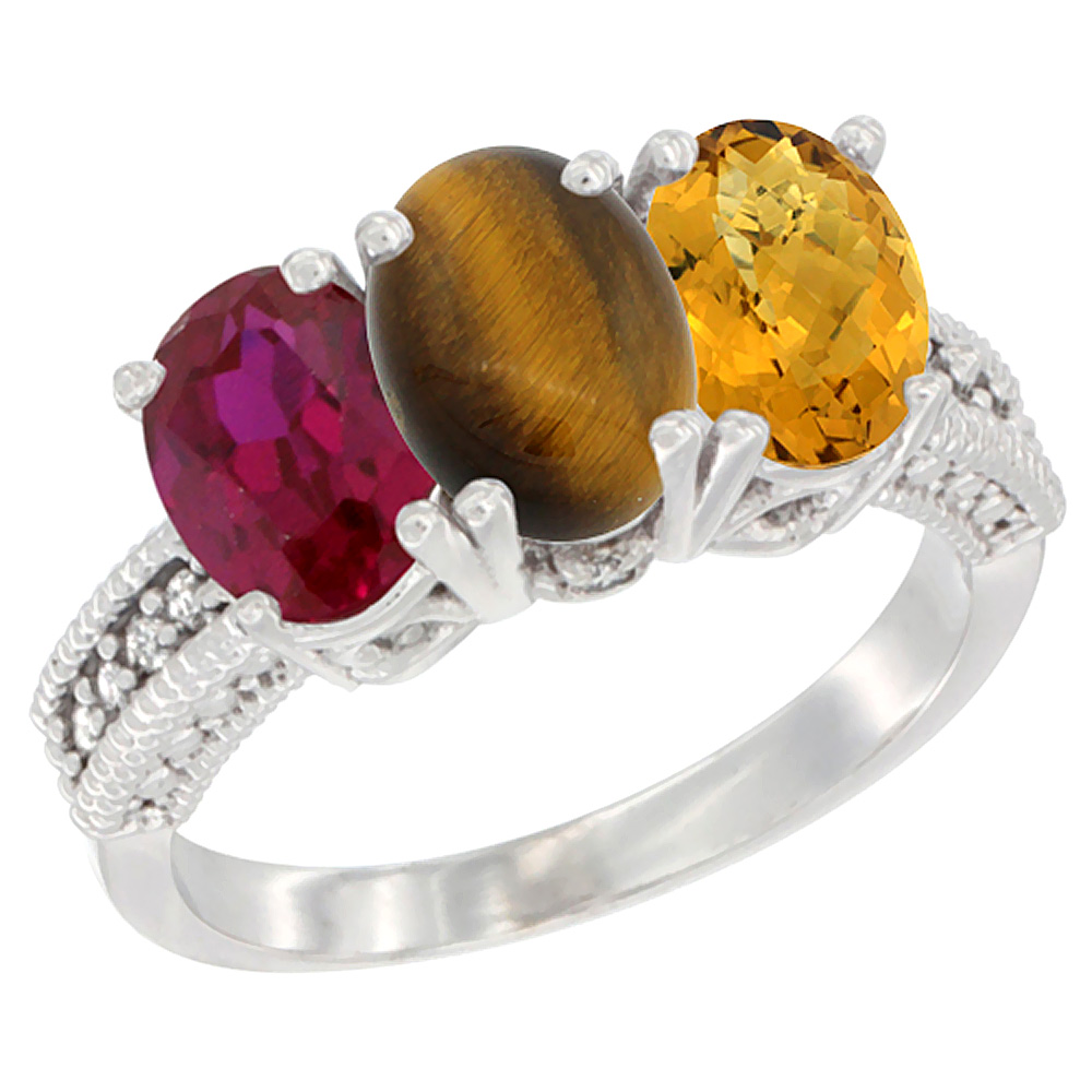 10K White Gold Diamond Enhanced Ruby, Natural Tiger Eye & Whisky Quartz Ring 3-Stone 7x5 mm Oval, sizes 5 - 10
