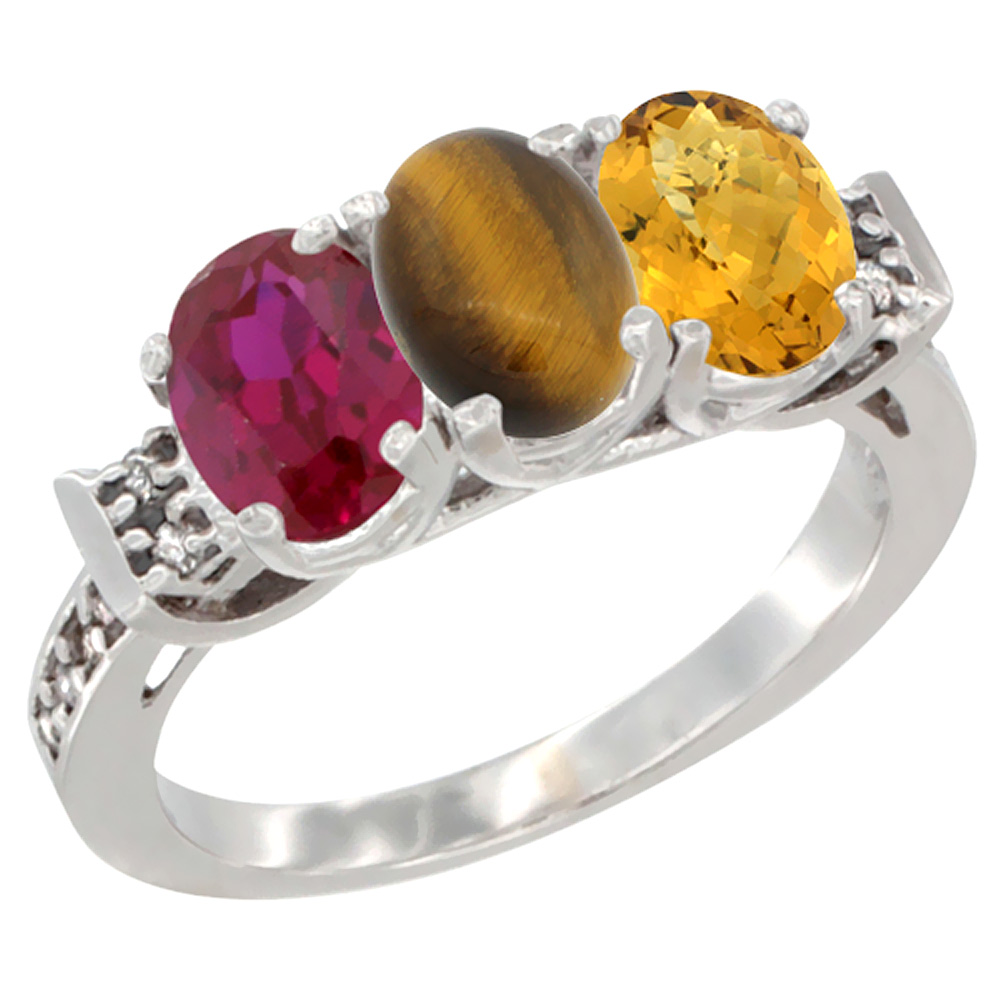 14K White Gold Enhanced Ruby, Natural Tiger Eye &amp; Whisky Quartz Ring 3-Stone Oval 7x5 mm Diamond Accent, sizes 5 - 10