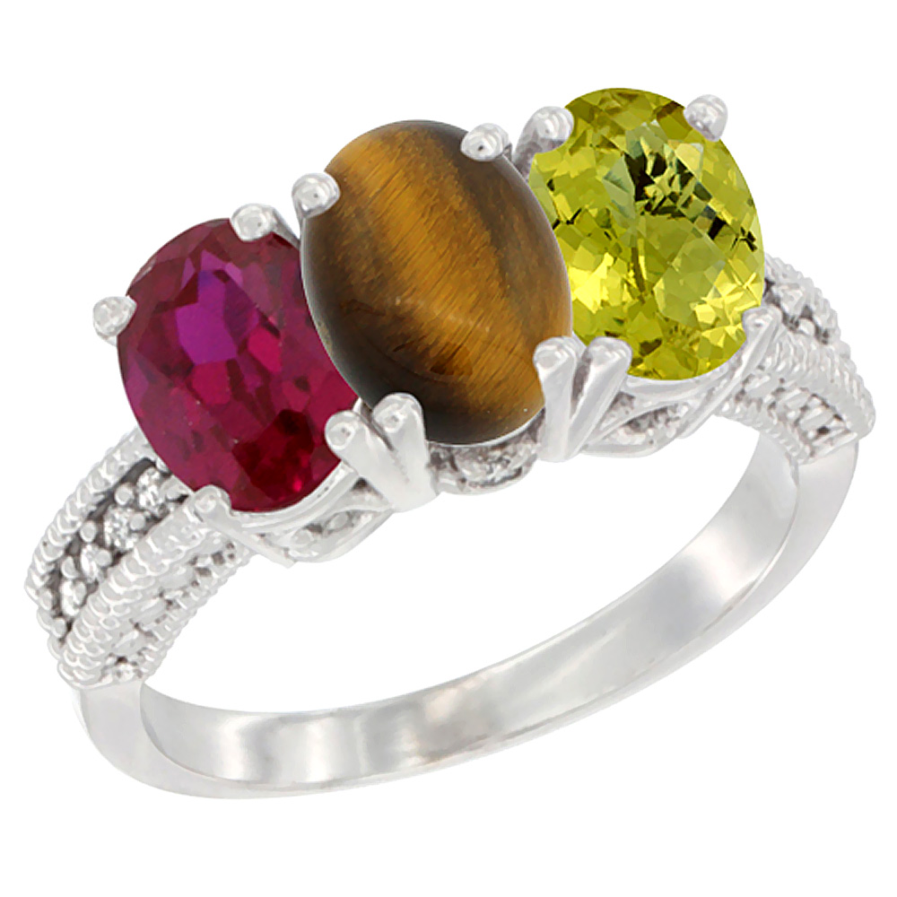 14K White Gold Enhanced Ruby, Natural Tiger Eye &amp; Lemon Quartz Ring 3-Stone 7x5 mm Oval Diamond Accent, sizes 5 - 10