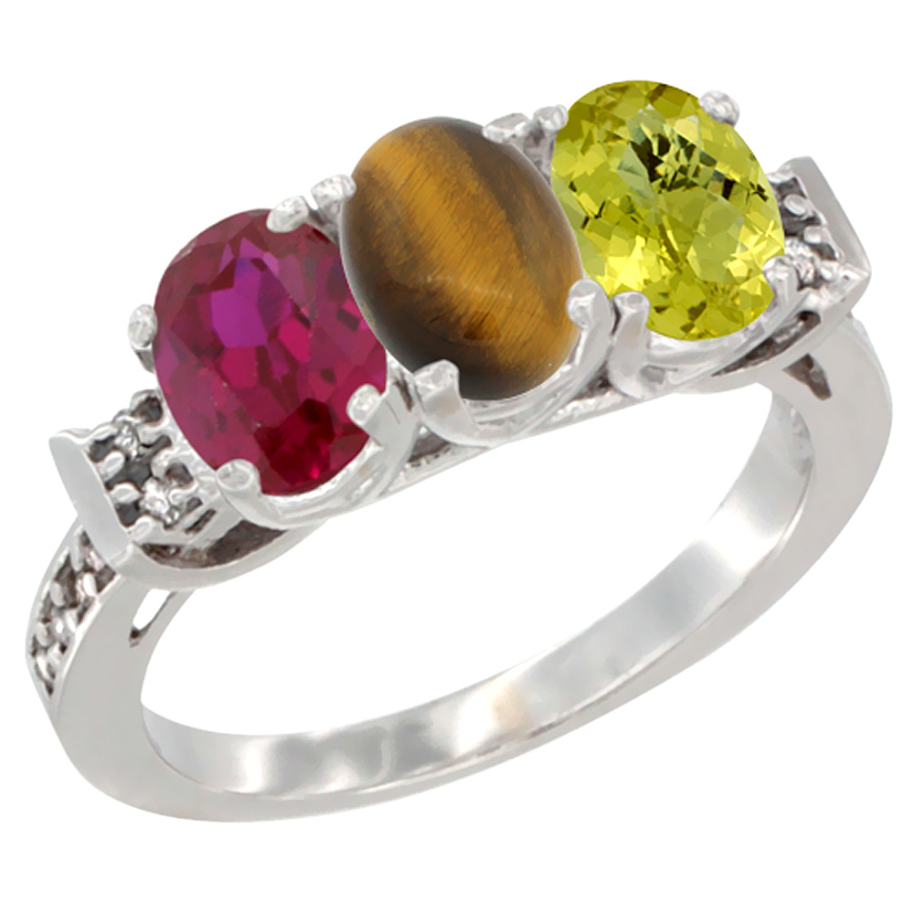 10K White Gold Enhanced Ruby, Natural Tiger Eye &amp; Lemon Quartz Ring 3-Stone Oval 7x5 mm Diamond Accent, sizes 5 - 10