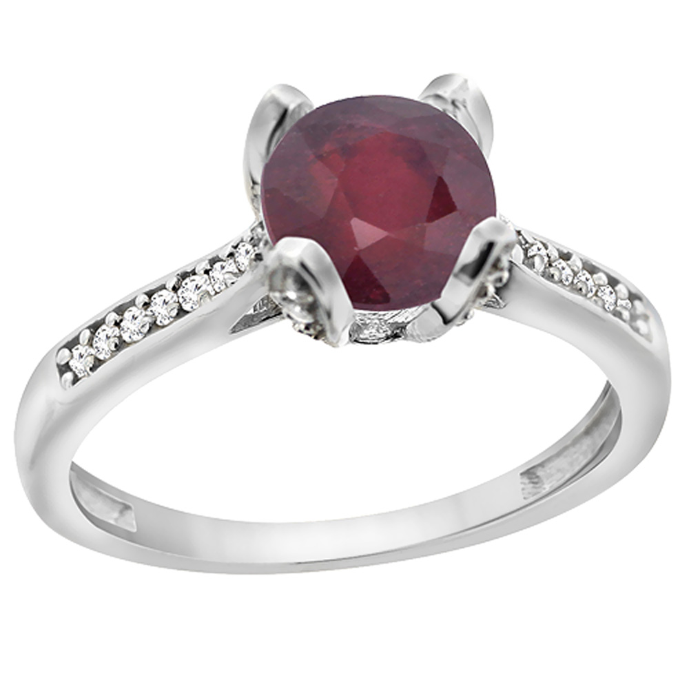 14K White Gold Diamond Enhanced Genuine Ruby Engagement Ring Round 7mm, sizes 5 to 10 with half sizes