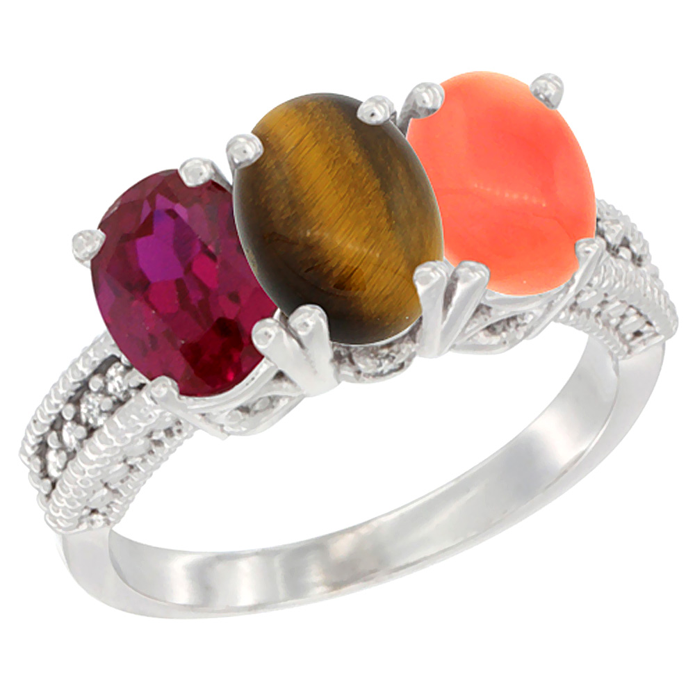 10K White Gold Diamond Enhanced Ruby, Natural Tiger Eye & Coral Ring 3-Stone 7x5 mm Oval, sizes 5 - 10