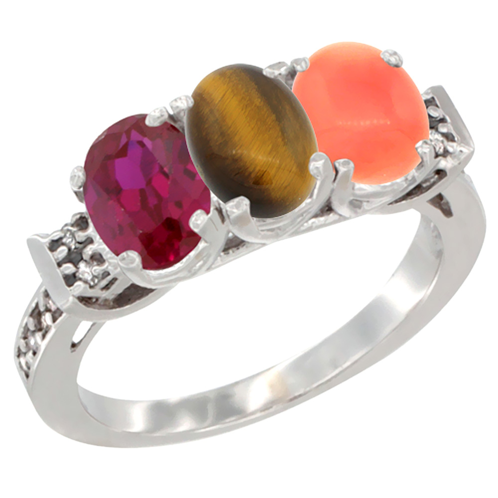 10K White Gold Enhanced Ruby, Natural Tiger Eye & Coral Ring 3-Stone Oval 7x5 mm Diamond Accent, sizes 5 - 10