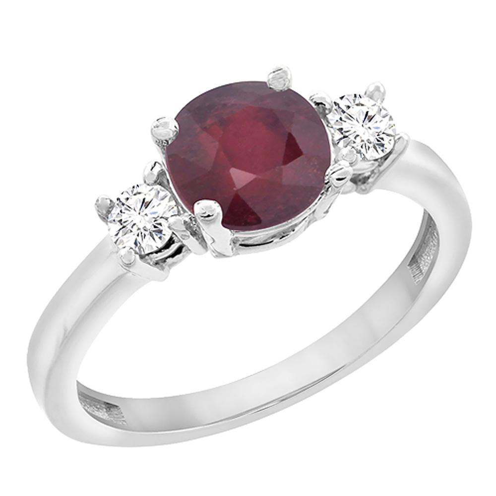 10K White Gold Diamond Enhanced Genuine Ruby Engagement Ring Round 7mm, sizes 5 to 10 with half sizes