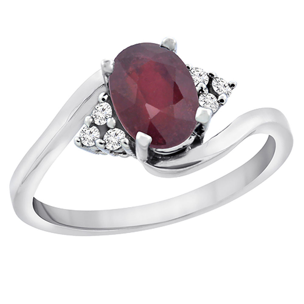 10K White Gold Diamond Natural Quality Ruby Engagement Ring Oval 7x5mm, size 5 - 10
