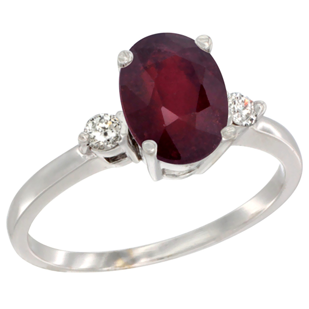 14K White Gold Enhanced Ruby Ring Oval 9x7 mm Diamond Accent, sizes 5 to 10