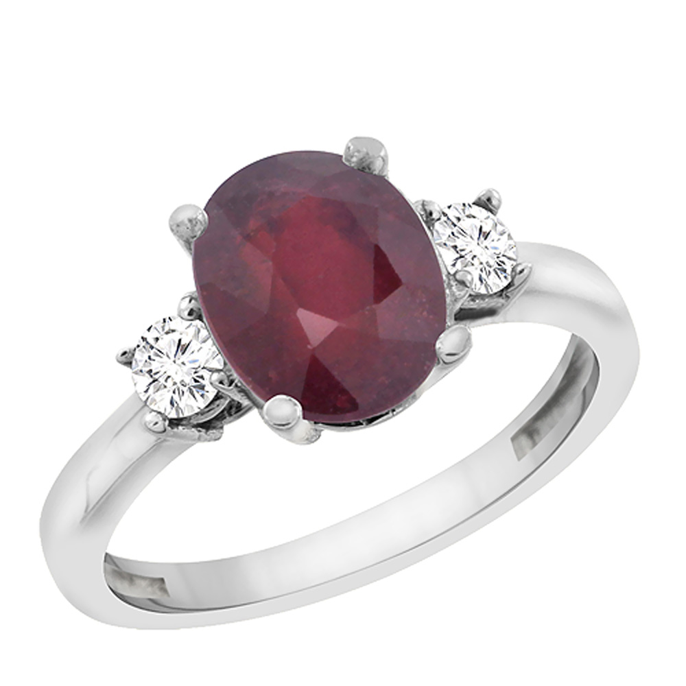 10K White Gold Enhanced Genuine Ruby Engagement Ring Oval 10x8 mm Diamond Sides, sizes 5 - 10
