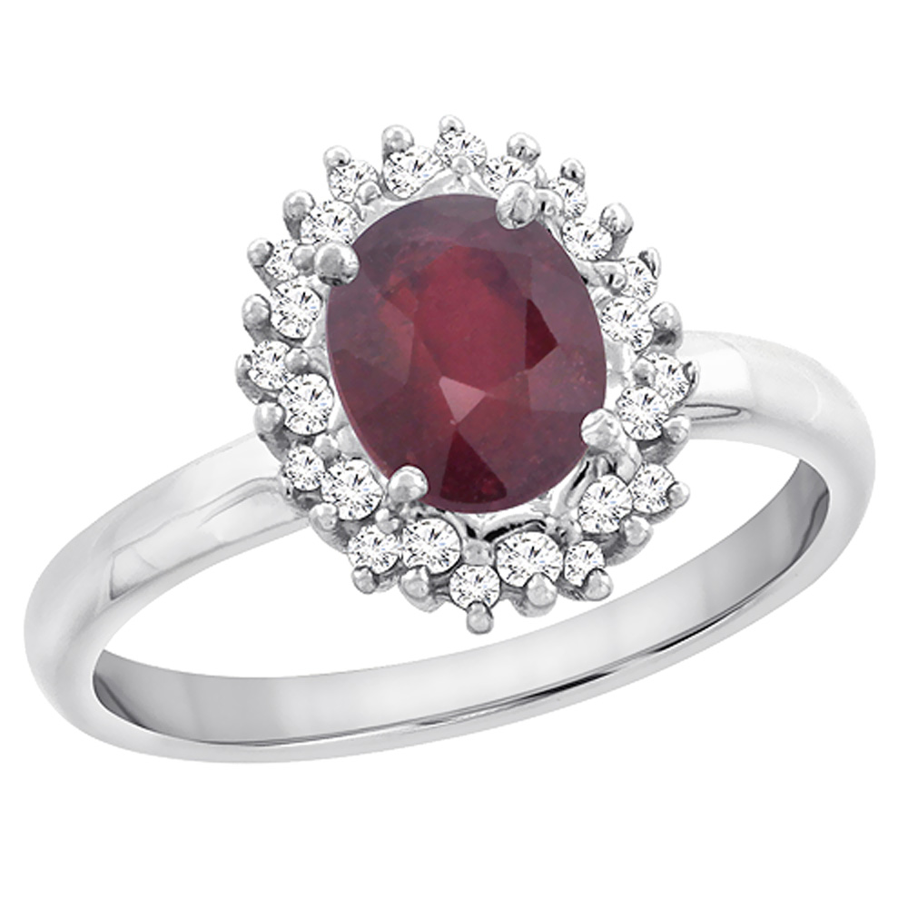 10K White Gold Diamond Natural Quality Ruby Engagement Ring Oval 7x5mm, size 5 - 10