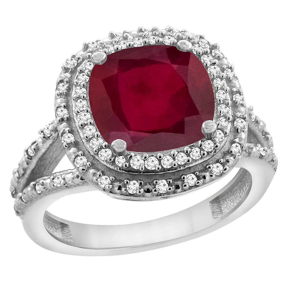 10K White Gold Diamond and Enhanced Genuine Ruby Ring Cushion-cut 8x8 mm, sizes 5 - 10