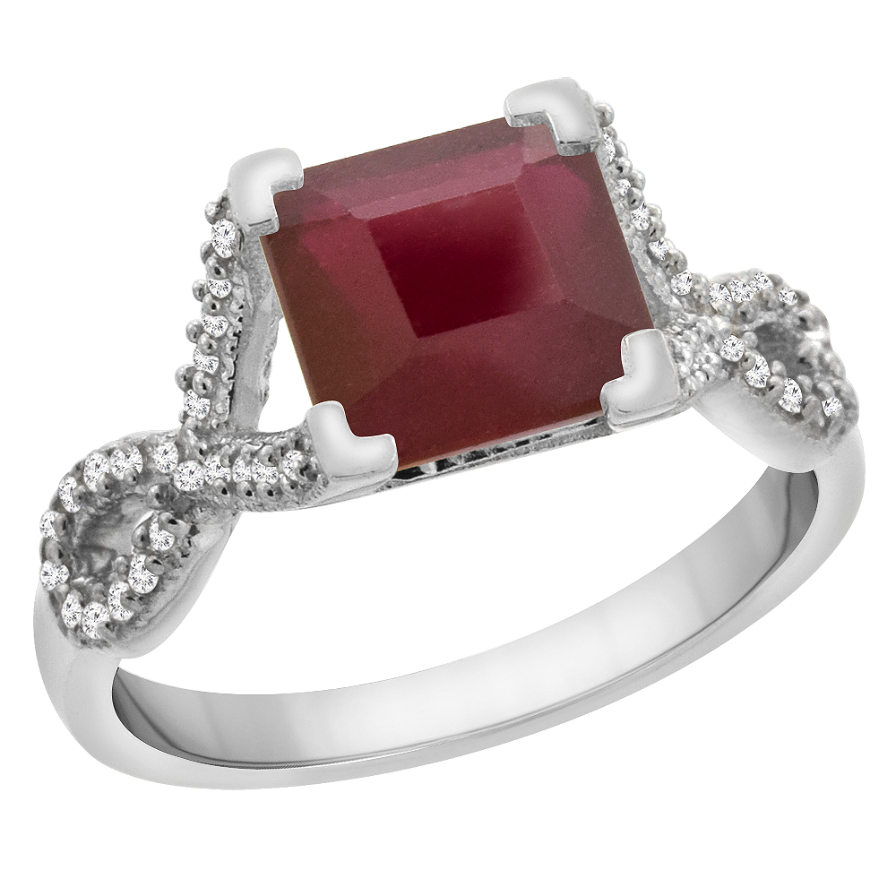 10K White Gold Enhanced Ruby Ring Square 7x7 mm Diamond Accents, sizes 5 to 10