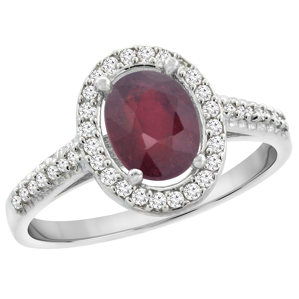 10K White Gold Enhanced Genuine Ruby Engagement Ring Oval 7x5 mm Diamond Halo, sizes 5 - 10