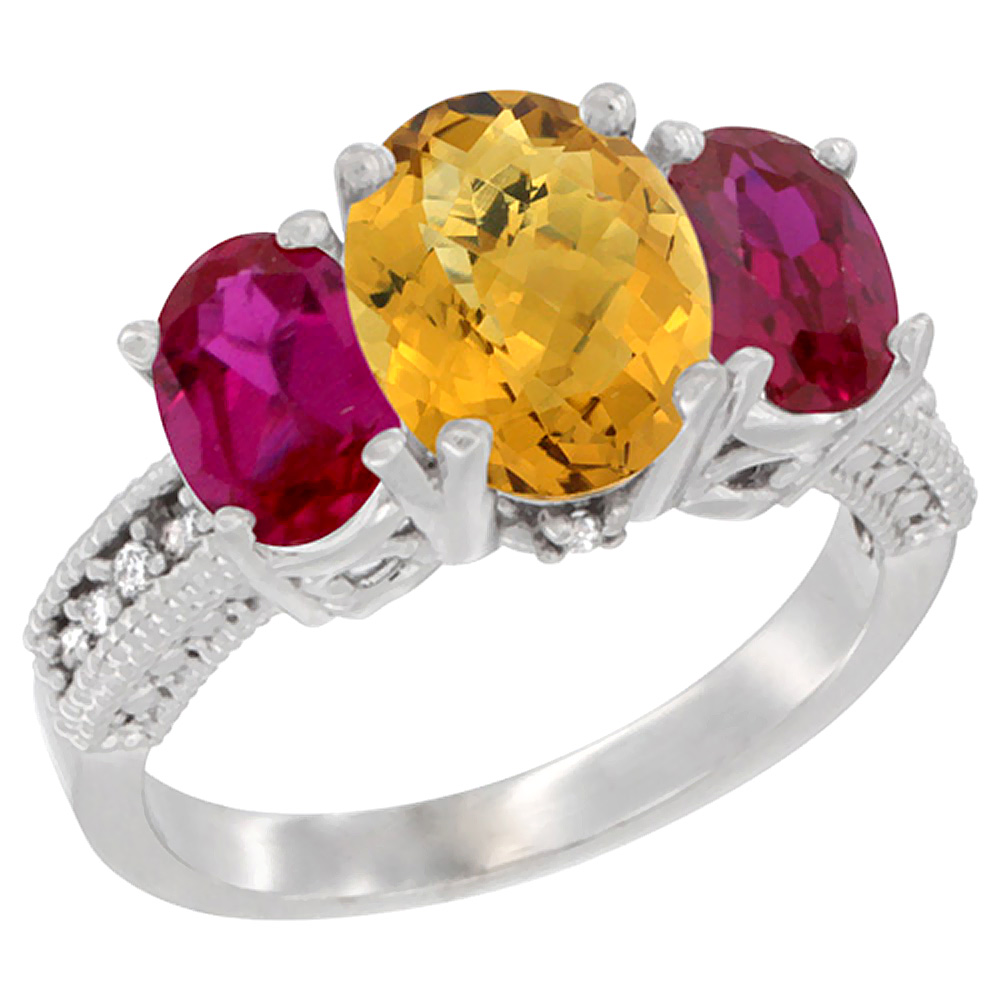 14K White Gold Diamond Natural Whisky Quartz Ring 3-Stone Oval 8x6mm with Ruby, sizes5-10