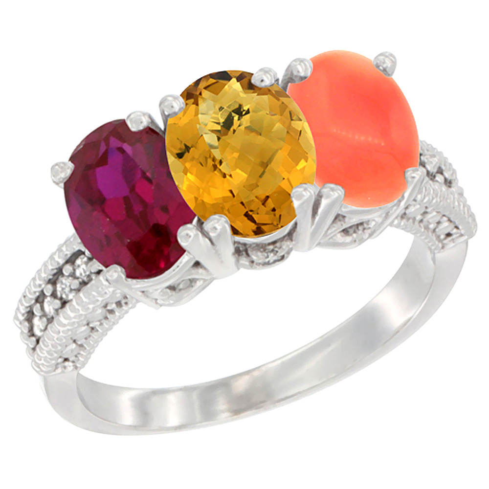 14K White Gold Enhanced Ruby, Natural Whisky Quartz &amp; Coral Ring 3-Stone 7x5 mm Oval Diamond Accent, sizes 5 - 10