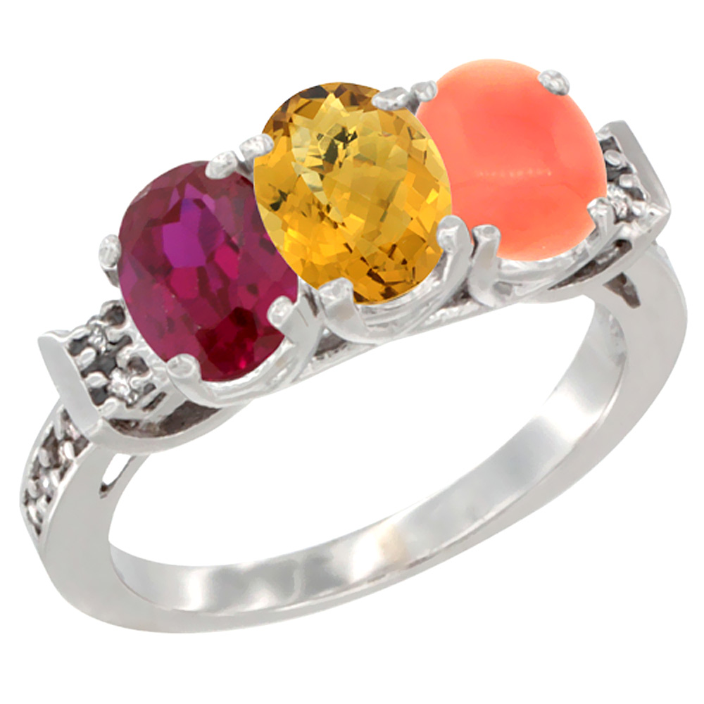 10K White Gold Enhanced Ruby, Natural Whisky Quartz & Coral Ring 3-Stone Oval 7x5 mm Diamond Accent, sizes 5 - 10