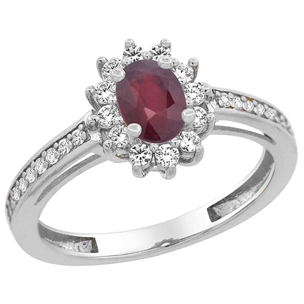 10K White Gold Enhanced Ruby Flower Halo Ring Oval 6x4 mm Diamond Accents, sizes 5 - 10