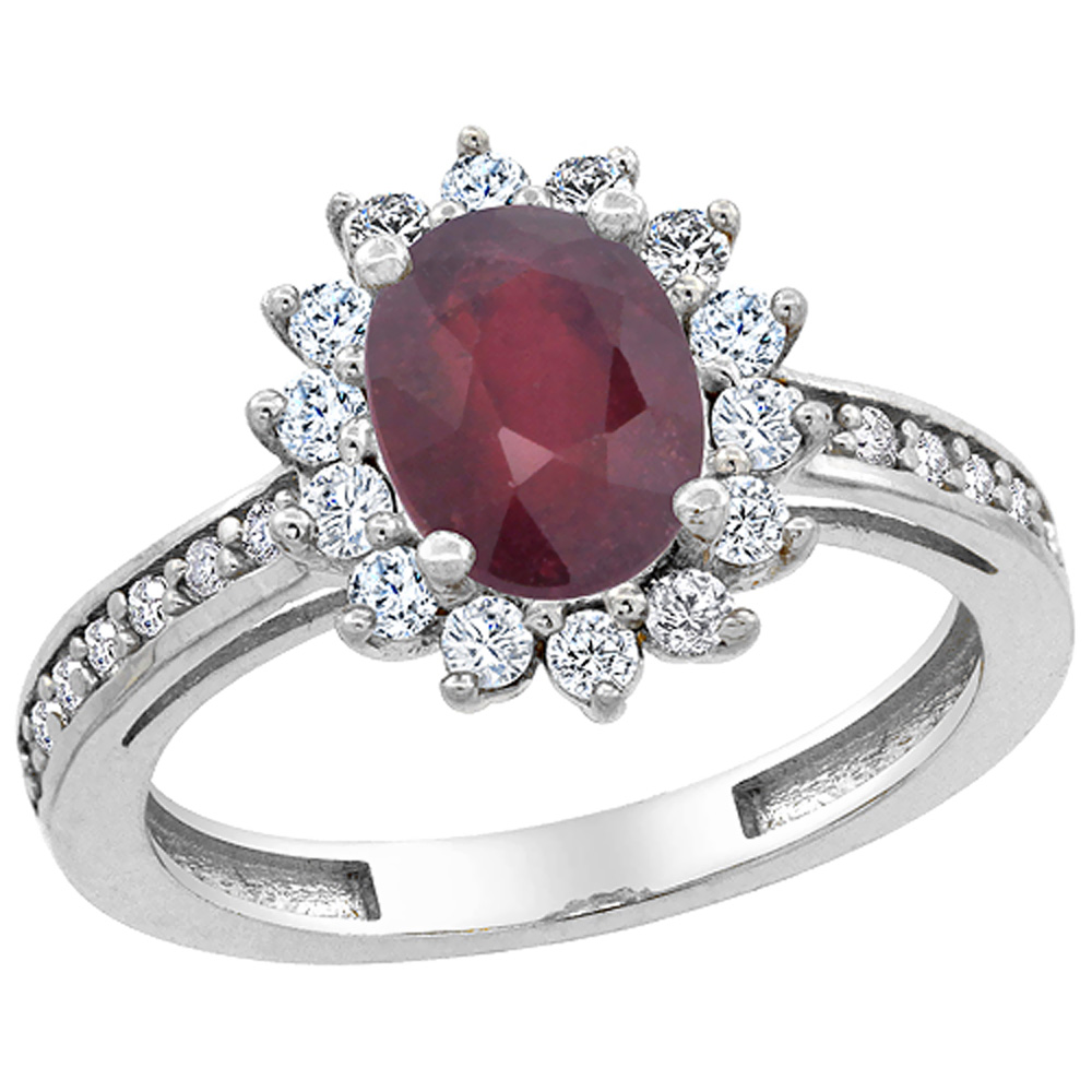 14K White Gold Enhanced Ruby Floral Halo Ring Oval 8x6mm Diamond Accents, sizes 5 - 10