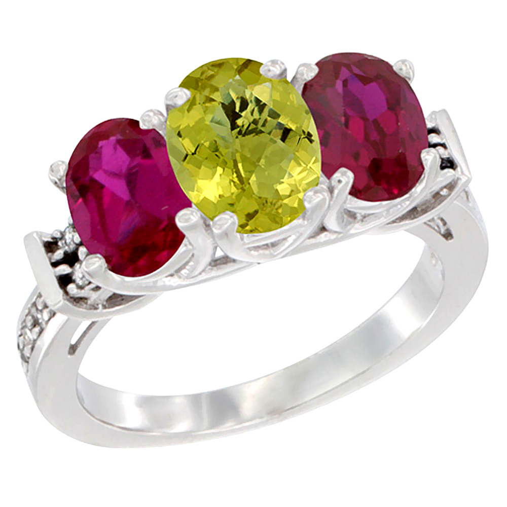 10K White Gold Natural Lemon Quartz &amp; Enhanced Ruby Sides Ring 3-Stone Oval Diamond Accent, sizes 5 - 10