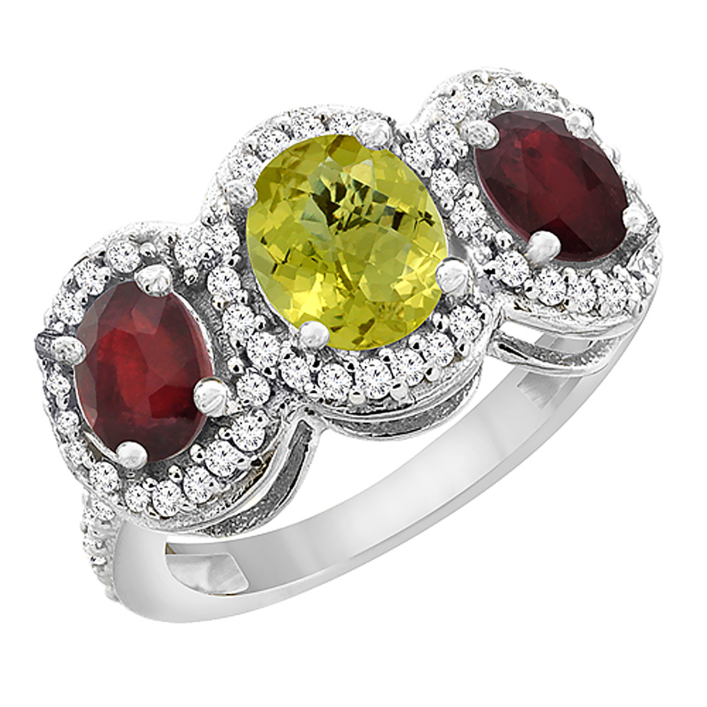 10K White Gold Natural Lemon Quartz &amp; Enhanced Ruby 3-Stone Ring Oval Diamond Accent, sizes 5 - 10