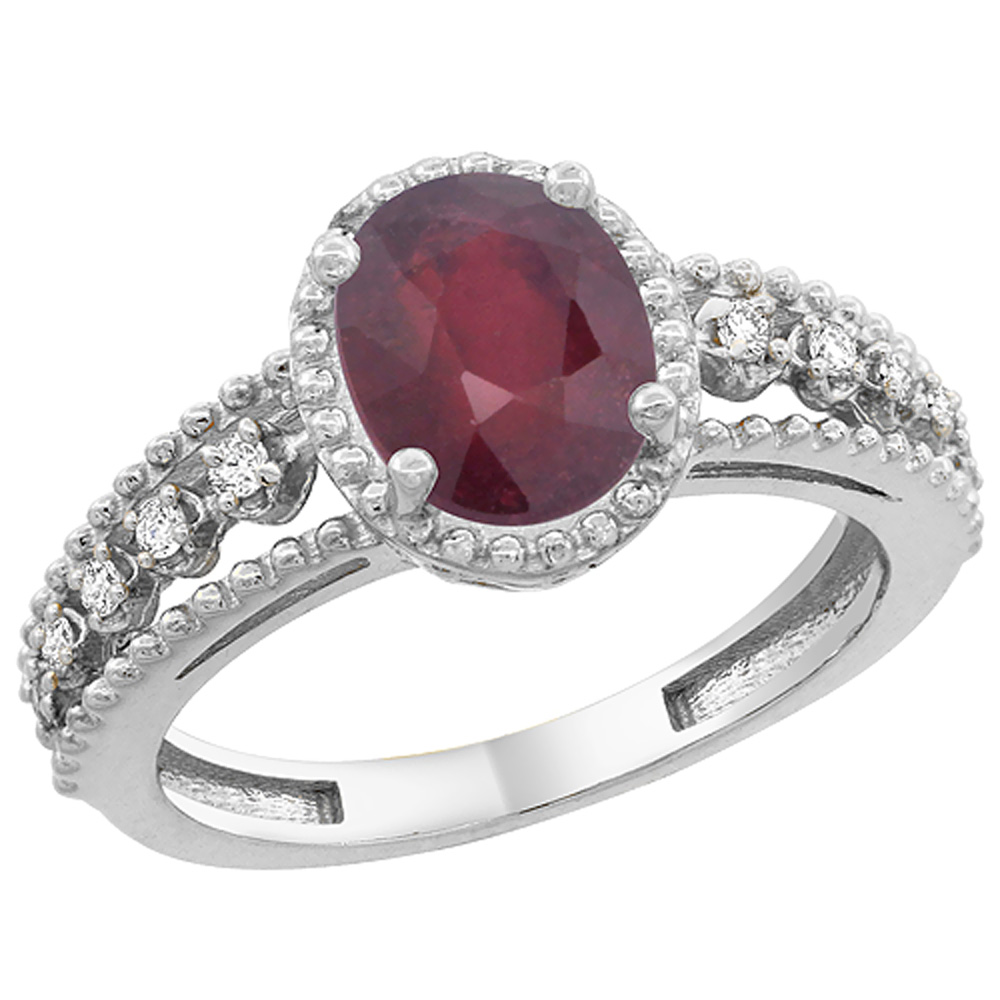 10K White Gold Enhanced Ruby Ring Oval 9x7 mm Floating Diamond Accents, sizes 5 - 10
