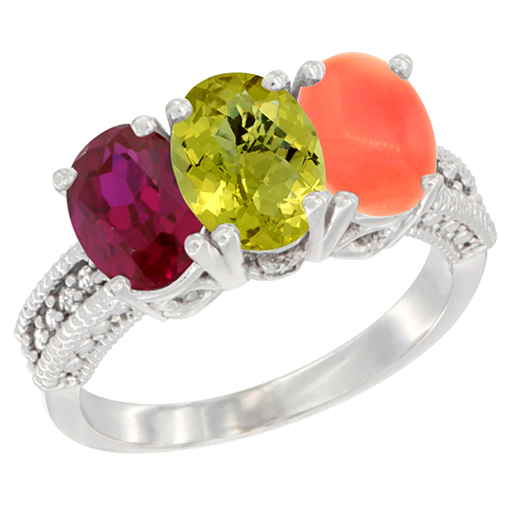 10K White Gold Diamond Enhanced Ruby, Natural Lemon Quartz & Coral Ring 3-Stone 7x5 mm Oval, sizes 5 - 10