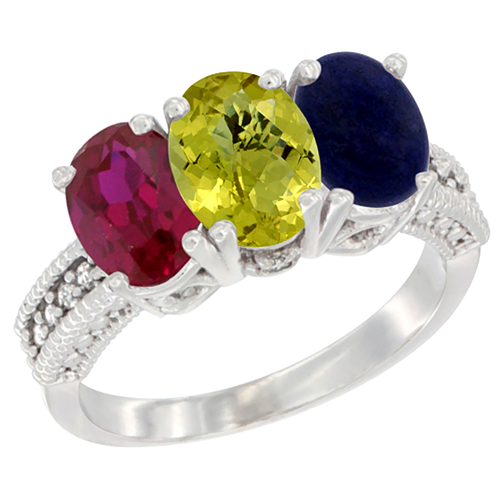 10K White Gold Diamond Enhanced Ruby, Natural Lemon Quartz &amp; Lapis Ring 3-Stone 7x5 mm Oval, sizes 5 - 10