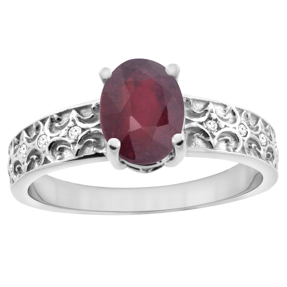 10K White Gold Enhanced Ruby Ring Oval 8x6 mm Diamond Accents, sizes 5 - 10
