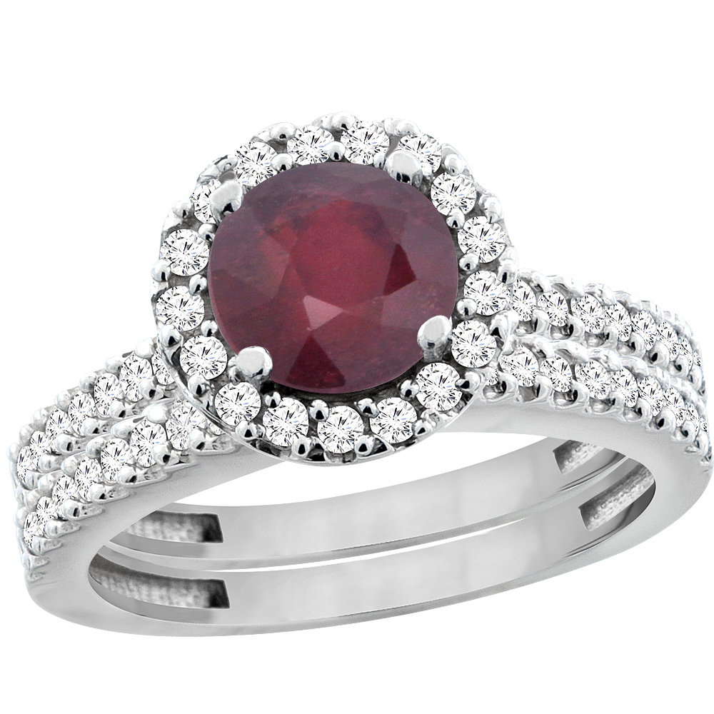 10K White Gold Enhanced Ruby Round 6mm 2-Piece Engagement Ring Set Floating Halo Diamond, sizes 5 - 10