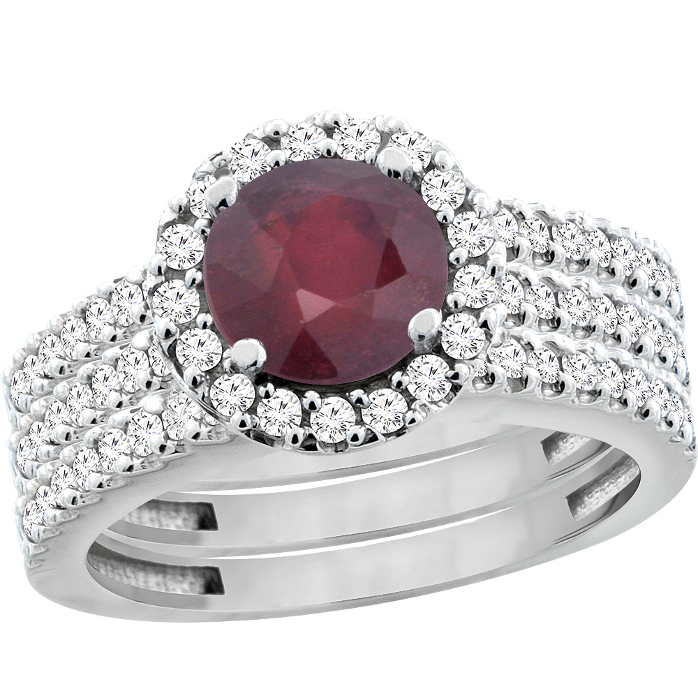 10K White Gold Enhanced Ruby 3-Piece Bridal Ring Set Round 6mm Halo Diamond, sizes 5 - 10