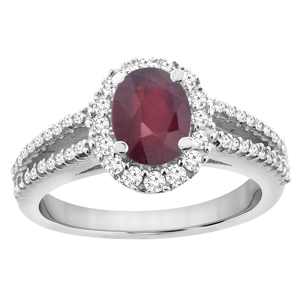 14K White Gold Diamond Halo Natural Quality Ruby Split Shank Engagement Ring Oval 7x5 mm, size 5 - 10