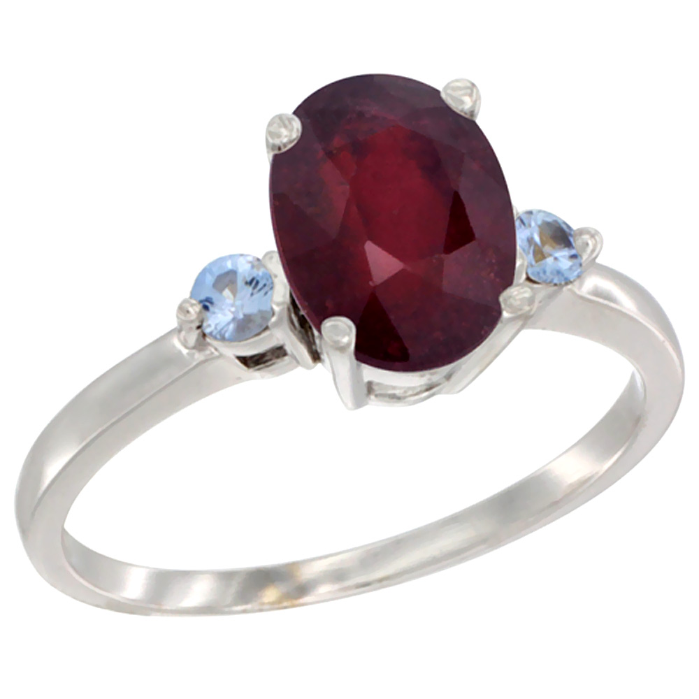 14K White Gold Enhanced Ruby Ring Oval 9x7 mm Light Blue Sapphire Accent, sizes 5 to 10