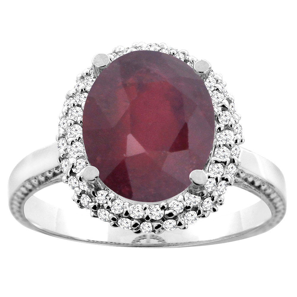 14K White/Yellow Gold Enhanced Ruby Double Halo Ring Oval 10x8mm Diamond Accent, sizes 5 - 10
