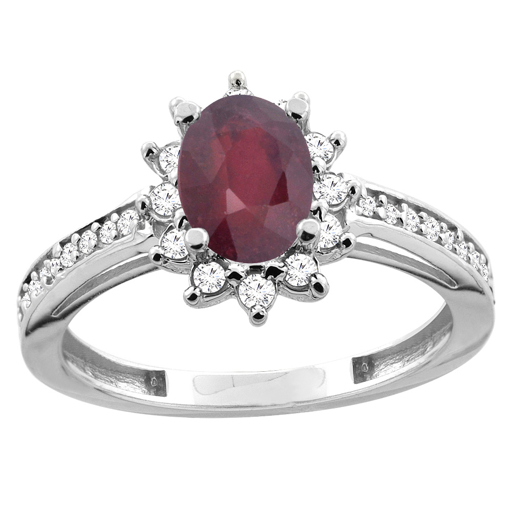 10K White/Yellow Gold Diamond Enhanced Genuine Ruby Floral Halo Engagement Ring Oval 7x5mm, sizes 5 - 10
