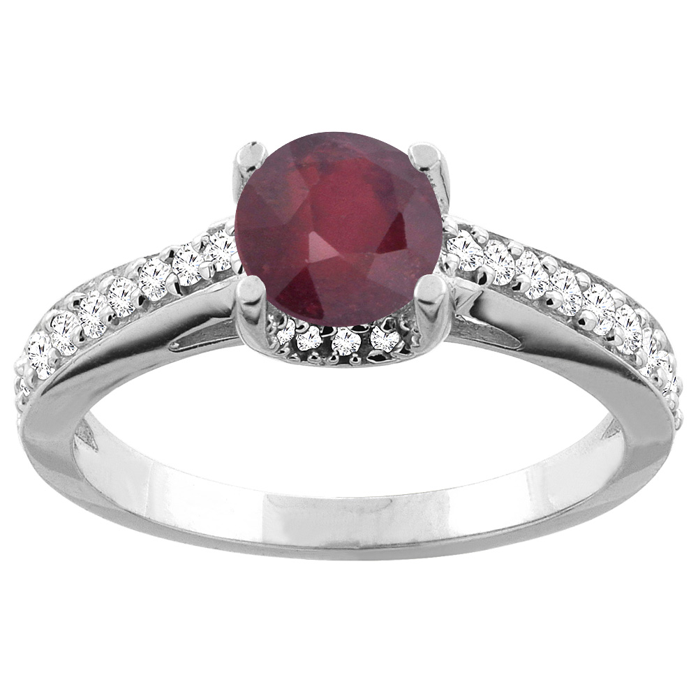 14K White/Yellow Gold Enhanced Ruby Ring Round 6mm Diamond Accents 1/4 inch wide, sizes 5 - 10