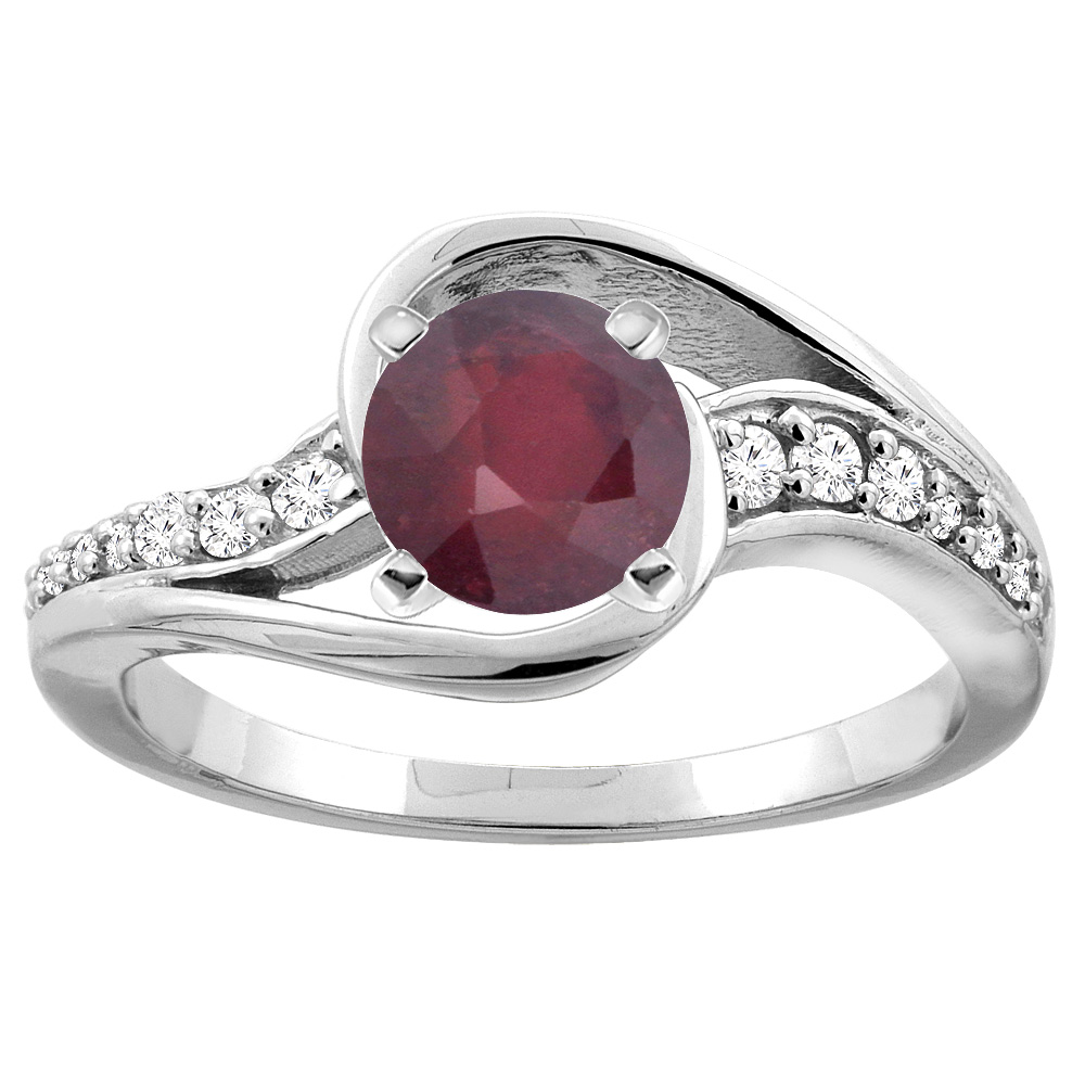 10K White/Yellow Gold Enhanced Ruby Bypass Ring Round 6mm Diamond Accent, sizes 5 - 10