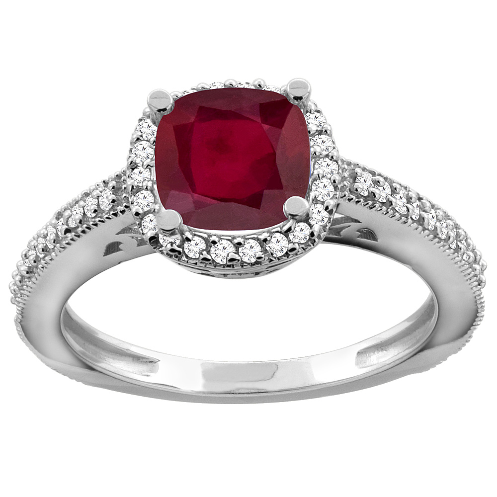 10K Gold Enhanced Genuine Ruby Engagement Ring Diamond Halo Cushion-cut 7x7mm, sizes 5 - 10