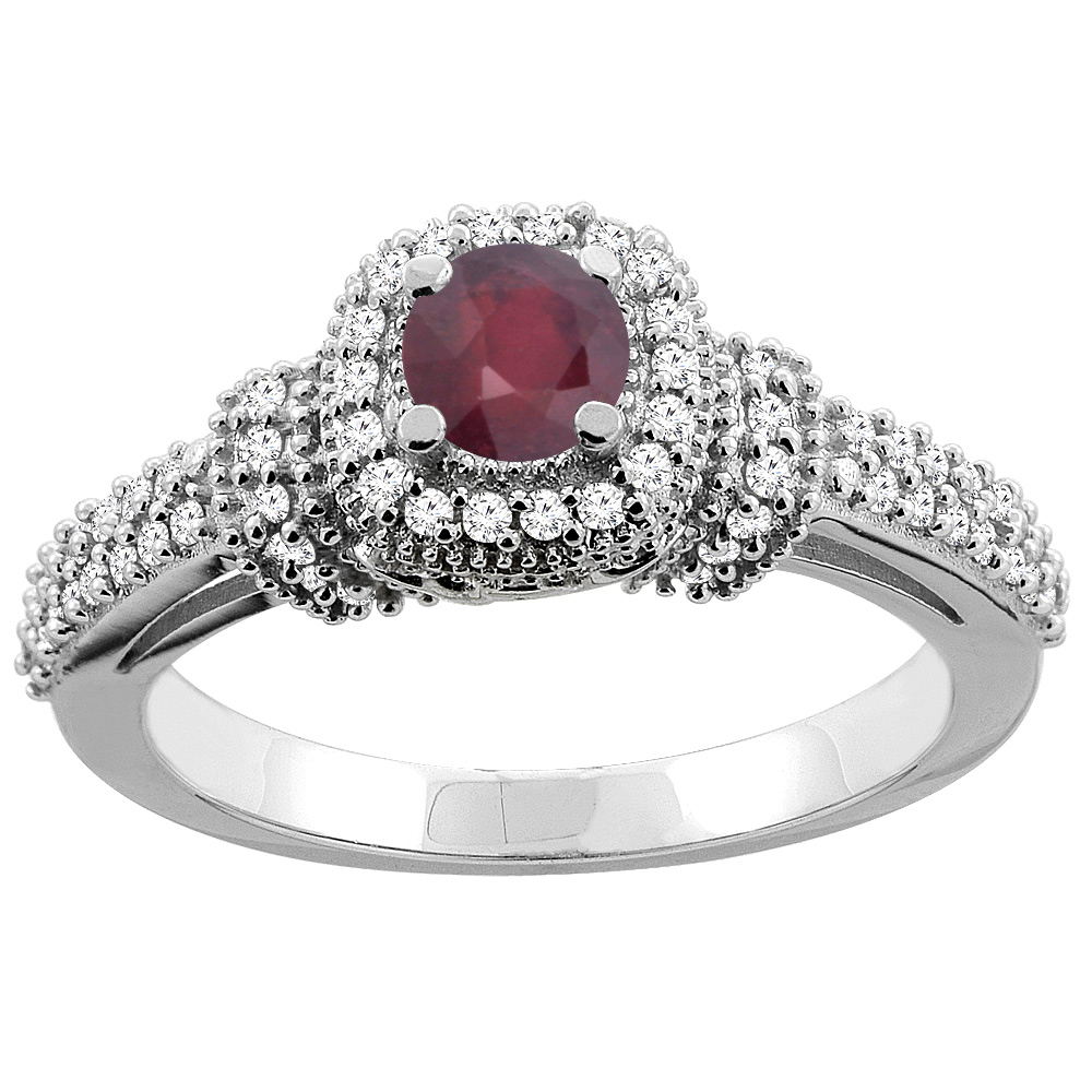 14K Gold Natural Enhanced Ruby Engagement Halo Ring Round 5mm Diamond Accents, sizes 5 - 10