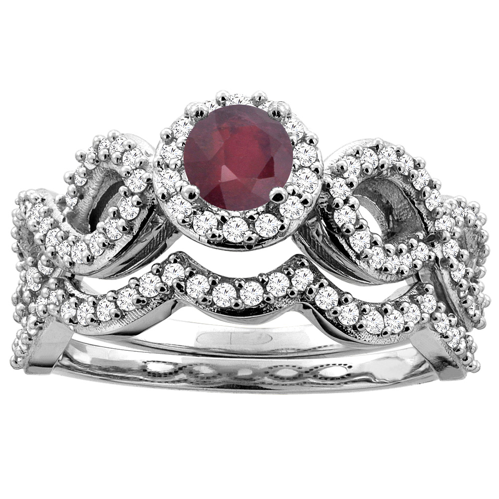 14K White Gold Natural Enhanced Ruby Engagement Halo Ring Round 5mm Diamond 2-piece Accents, sizes 5 - 10