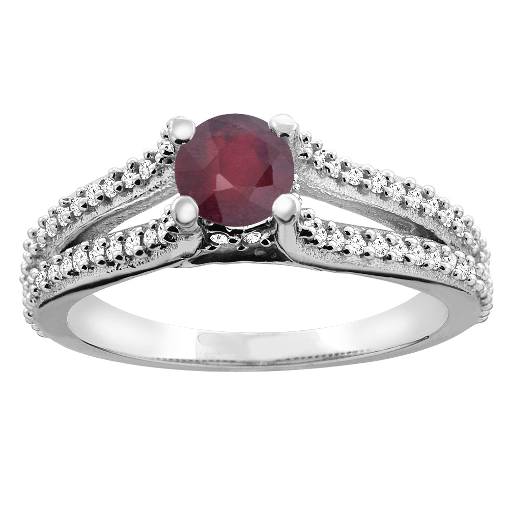 10K Yellow Gold Natural Enhanced Ruby Engagement Split Shank Ring Round 5mm Diamond Accents, sizes 5 - 10
