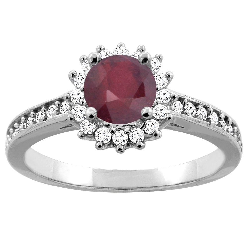 10K Gold Natural Enhanced Ruby Floral Halo Diamond Engagement Ring Round 6mm, sizes 5 - 10