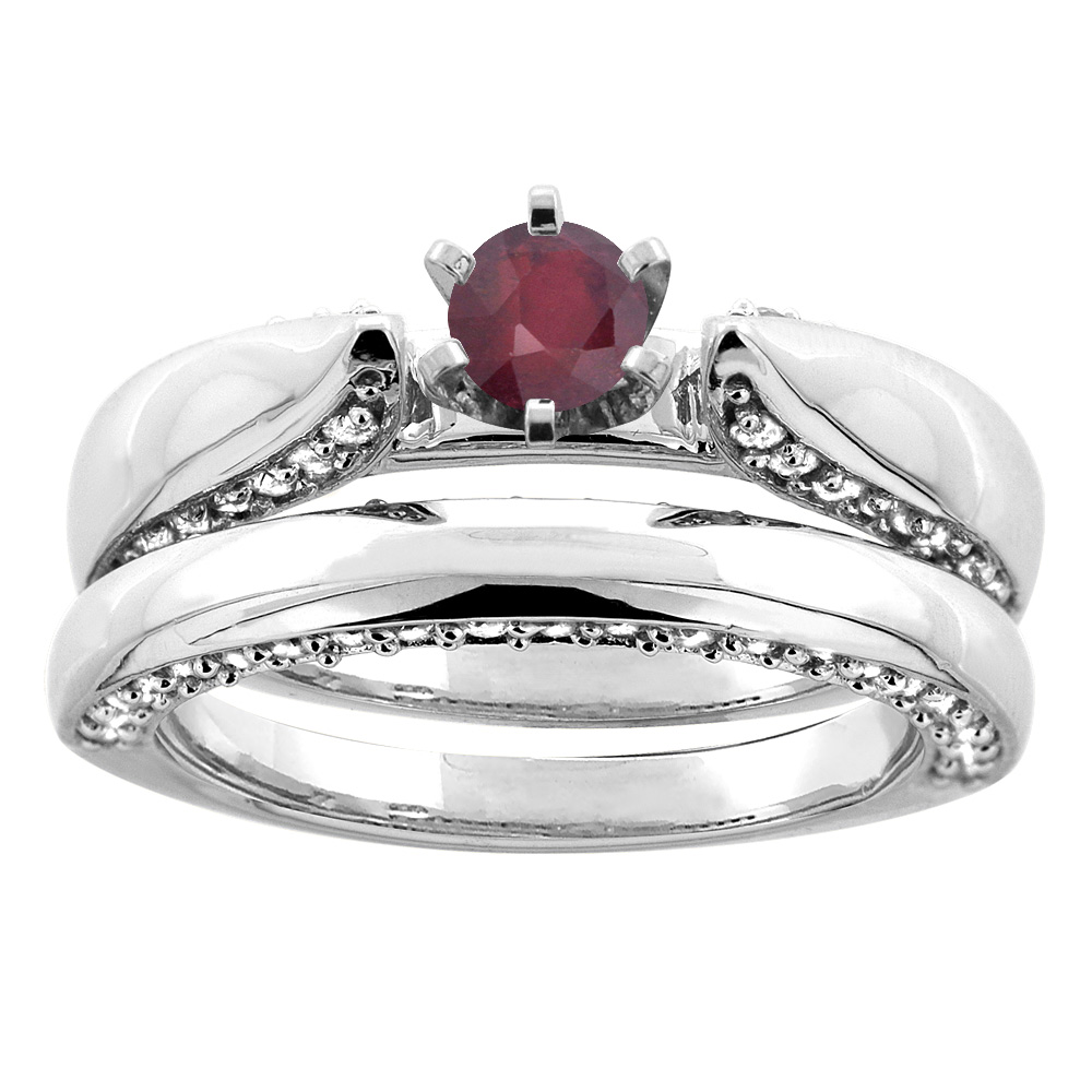 10K White Gold Natural Enhanced Ruby 2-piece Bridal Ring Set Diamond Accents Round 5mm, sizes 5 - 10