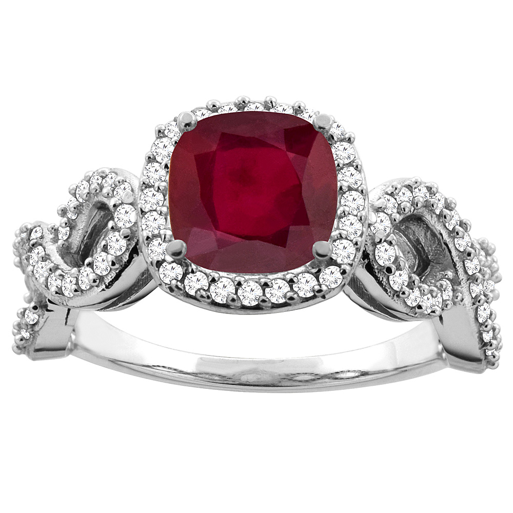 14K White Gold Enhanced 7mm Cushion Cut Ruby Engagement Ring for Women Eternity Pattern Diamond Accent sizes 5-10