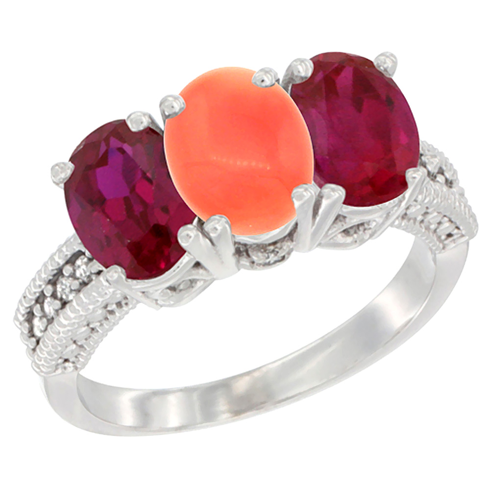 14K White Gold Natural Coral &amp; Enhanced Ruby Sides Ring 3-Stone 7x5 mm Oval Diamond Accent, sizes 5 - 10