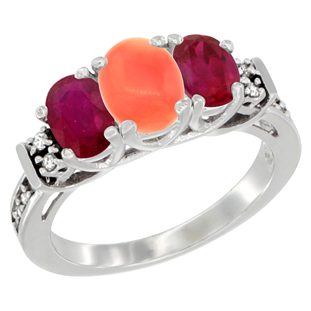 10K White Gold Natural Coral & Enhanced Ruby Ring 3-Stone Oval Diamond Accent, sizes 5-10