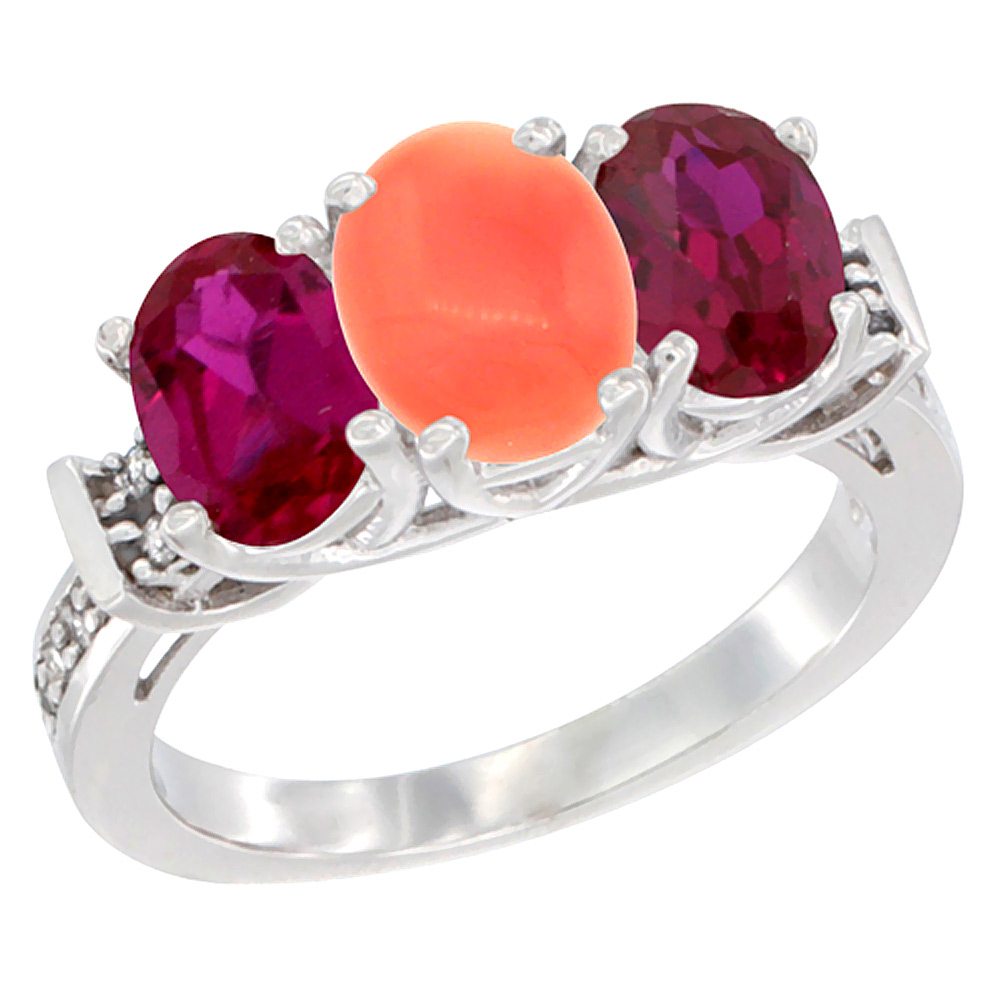 10K White Gold Natural Coral &amp; Enhanced Ruby Sides Ring 3-Stone Oval Diamond Accent, sizes 5 - 10