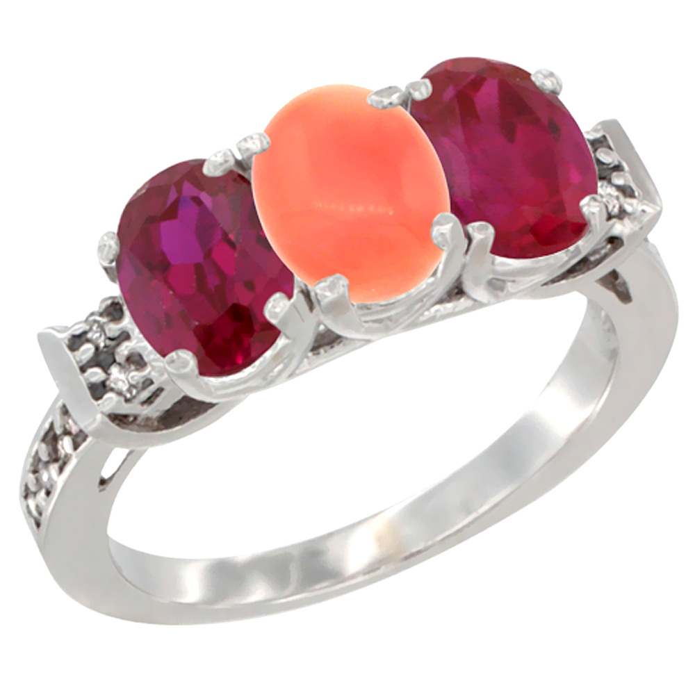 14K White Gold Natural Coral &amp; Enhanced Ruby Sides Ring 3-Stone Oval 7x5 mm Diamond Accent, sizes 5 - 10