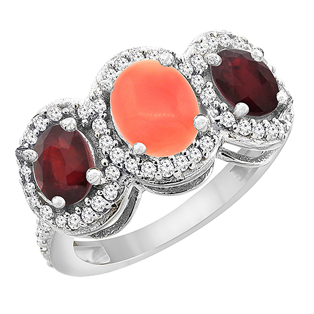 14K White Gold Natural Coral & Enhanced Ruby 3-Stone Ring Oval Diamond Accent, sizes 5 - 10