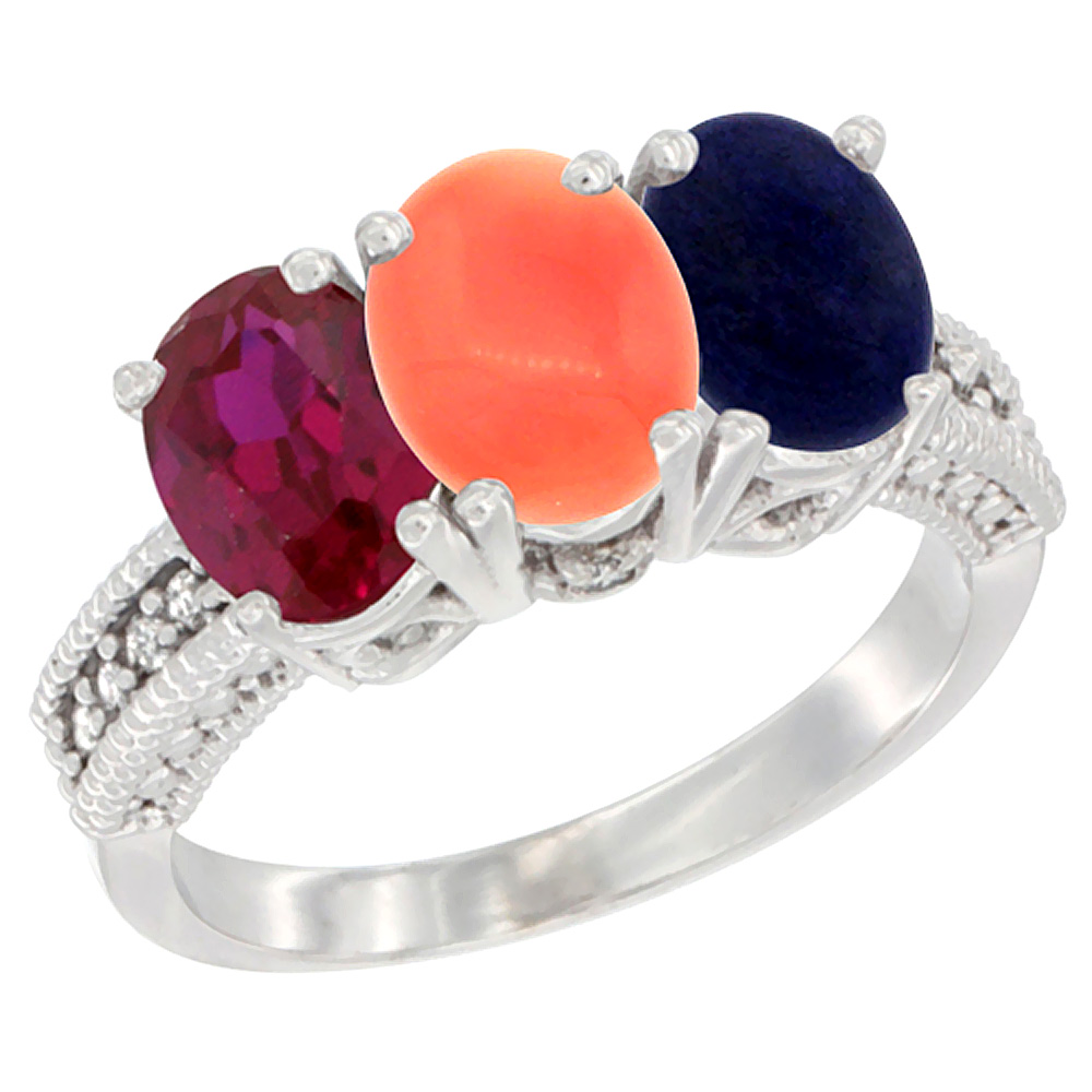 14K White Gold Enhanced Ruby, Natural Coral & Lapis Ring 3-Stone 7x5 mm Oval Diamond Accent, sizes 5 - 10